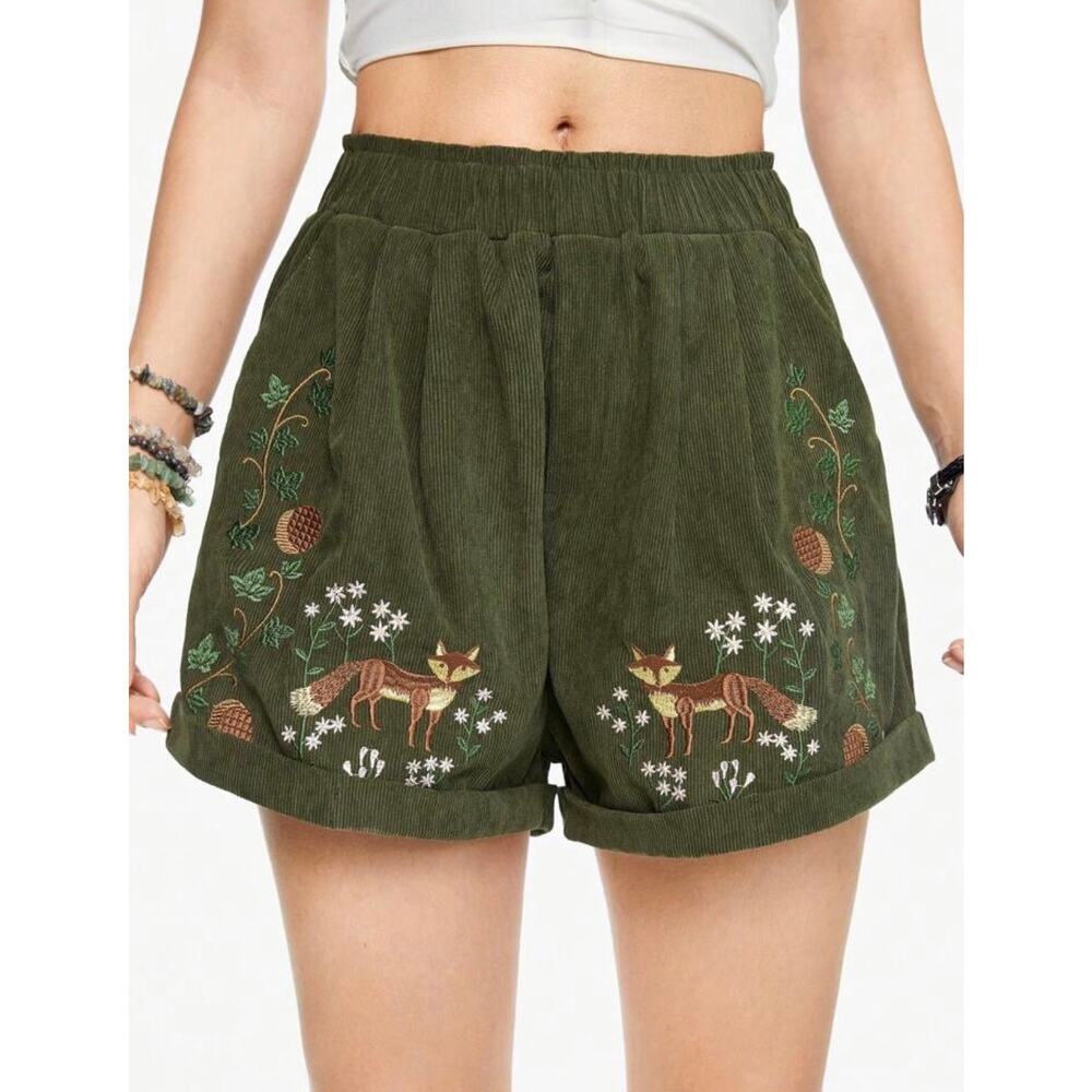 ROMWE Fairycore Green Corduroy Fox Embroidered Shorts Elastic Waist Medium 6 - Picture 4 of 14